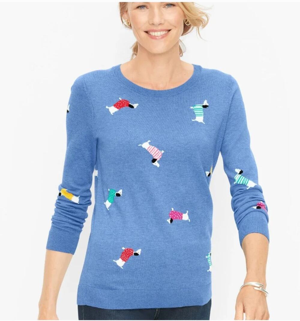 Talbots Women's Blue Cotton Blend Embroidered Dachshunds Crewneck Sweater Sz XL